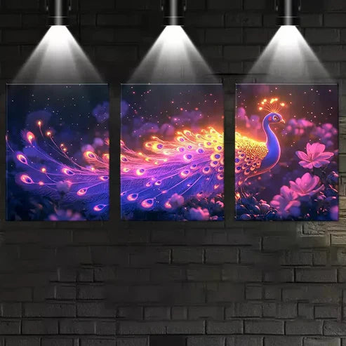3pcs Colorful Magical Peacock with Pink Florals Wall Art Canvas Unframed - High Quality Print 100% Australian Made Wall Canvas