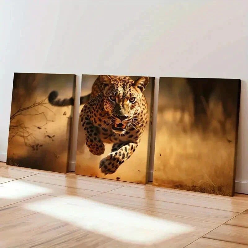3pcs Cheetah Running in the Grass Wall Art Set Canvas Framed 40x60cm - High Quality Print 100% Australian Made Wall Canvas Ready to Hang - Bella Home Decor