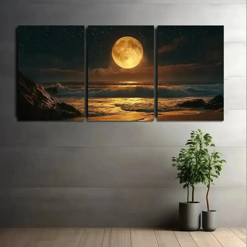 3pcs Bright Yellow Moon Shining Sky Metal Print Ready to Hang Art - Bella Home Decor