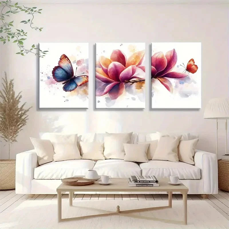 3pcs Butterfly and Floral Red Blue and Yellow Metal Print Ready to Hang Art - Bella Home Decor