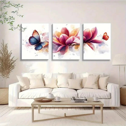 3pcs Butterfly and Floral Red Blue and Yellow Metal Print Ready to Hang Art - Bella Home Decor