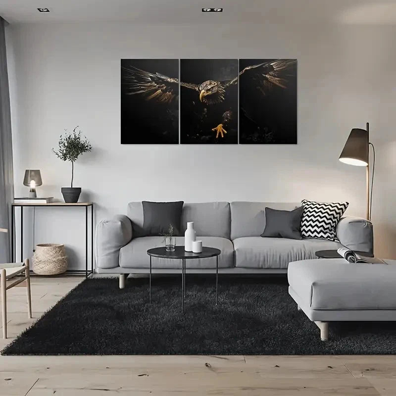 3pcs Dynamic Soaring Eagle Design in Black Golden Metal Print Ready to Hang Art - Bella Home Decor