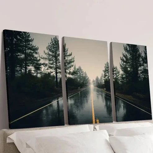 3pcs Vertical Slippery Rainy Highway  Wall Art Set Canvas Unframed - High Quality Print 100% Australian Made Wall Canvas