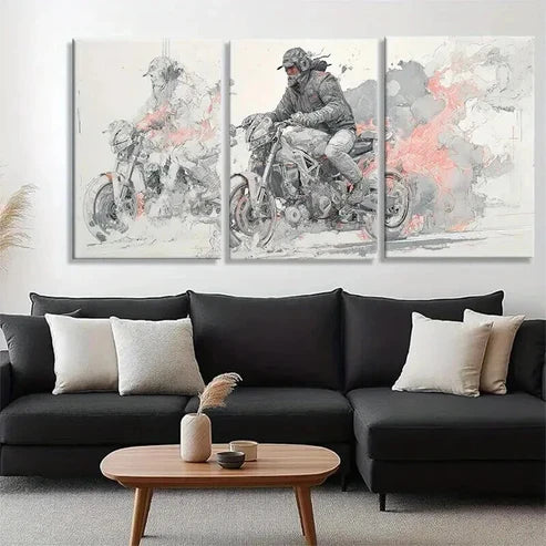 3pcs Biker in Action with Creative Smoke Perfect  Wall Art Set Canvas Unframed - High Quality Print 100% Australian Made Wall Canvas - Bella Home Decor