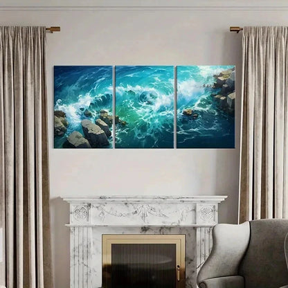 3pcs Anime Style Sea Waves & Rocks Wall Art Set Canvas Framed 60x90cm - High Quality Print 100% Australian Made Wall Canvas Ready to Hang - Bella Home Decor