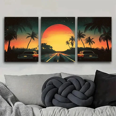 3pcs Retro Sunset Road with Palm Trees Wall Art Canvas Unframed - High Quality Print 100% Australian Made Wall Canvas