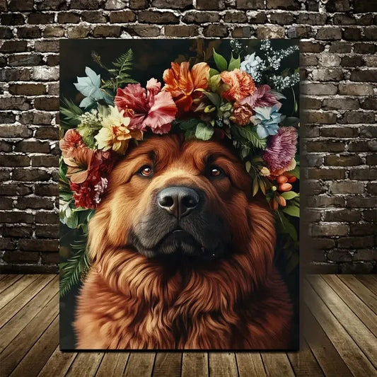 Cute Tibetan Mastiff with Vibrant Flower Crown 40x60cm Metal Print Ready to Hang
