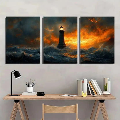 3pcs Lighthouse by the Sea  Coastal Contemporary Metal Print Ready to Hang Art - Bella Home Decor