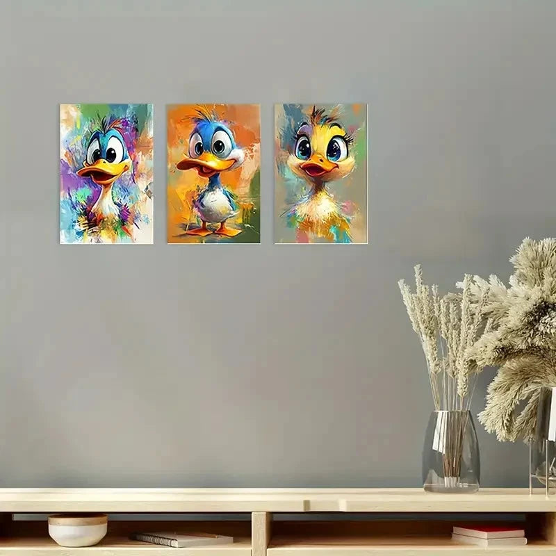 3pcs Abstract Ducky   Colorful Ducks   Wall Art Set Canvas Framed 50x70cm - High Quality Print 100% Australian Made Wall Canvas Ready to Hang - Bella Home Decor