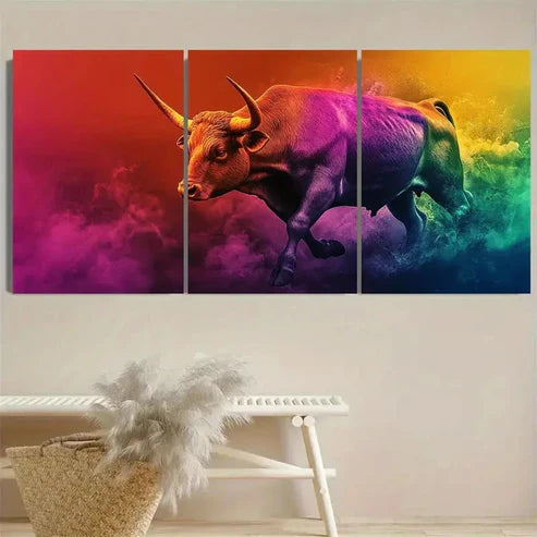 3pcs Arena Bull in Rainbow Flowing Colors Wall Art Set Canvas Unframed – High Quality Print, 100% Australian Made Wall Canvas - Bella Home Decor