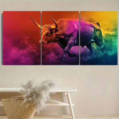 3pcs Arena Bull in Rainbow Flowing Colors Wall Art Set Canvas Unframed – High Quality Print, 100% Australian Made Wall Canvas - Bella Home Decor