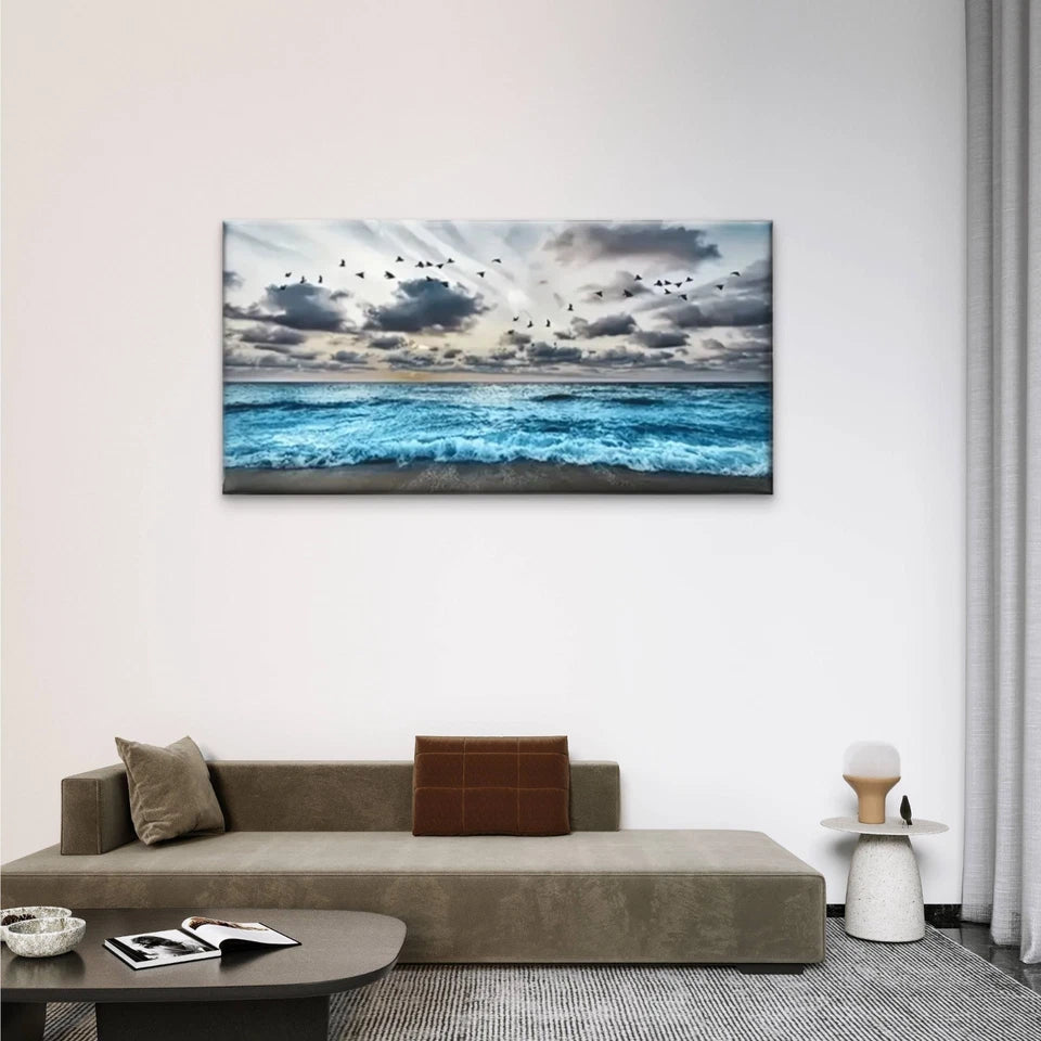 Blue Beach Birds Dark Sky Wall Art Canvas Office Home Room Framed 120x60cm