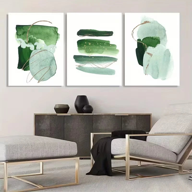 3pcs Green Abstract Watercolor Shape   Wall Art Set Canvas Framed 60x90cm - High Quality Print 100% Australian Made Wall Canvas Ready to Hang