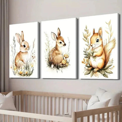 3pcs Rabbit in Flowers Deer And Squirrel Wall Art Canvas Unframed - High Quality Print 100% Australian Made Wall Canvas