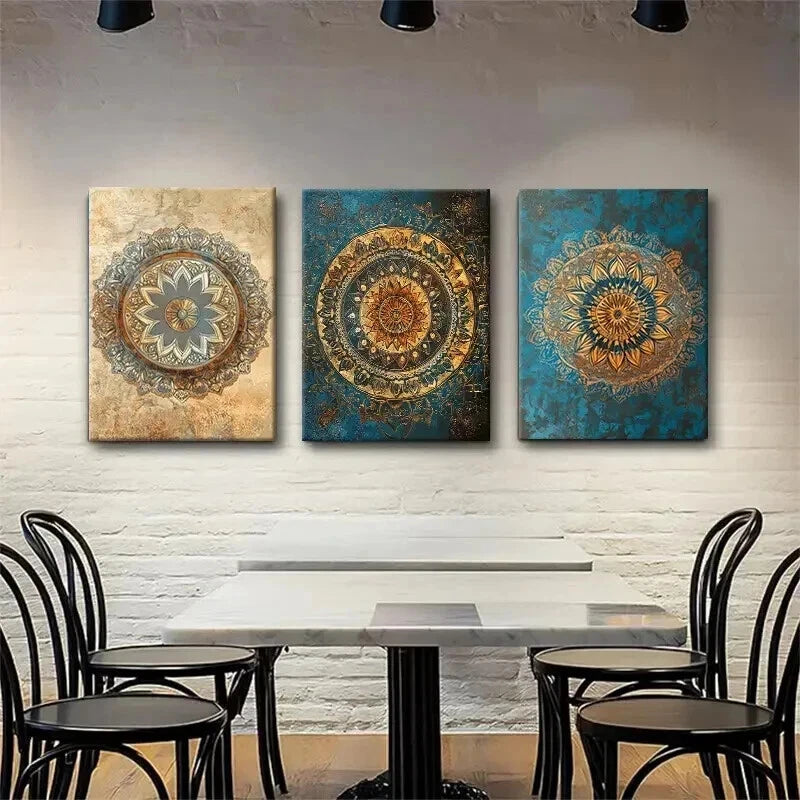 3pcs Elegant Golden & Teal Geometric Patterns Wall Art Set Canvas Framed 40x60cm - High Quality Print 100% Australian Made Wall Canvas Ready to Hang - Bella Home Decor
