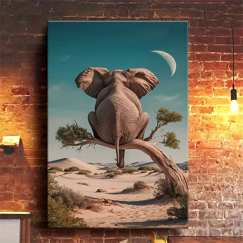 Whimsical Desert Scene with Floating Elephant  60x90cm Metal Print Ready to Hang