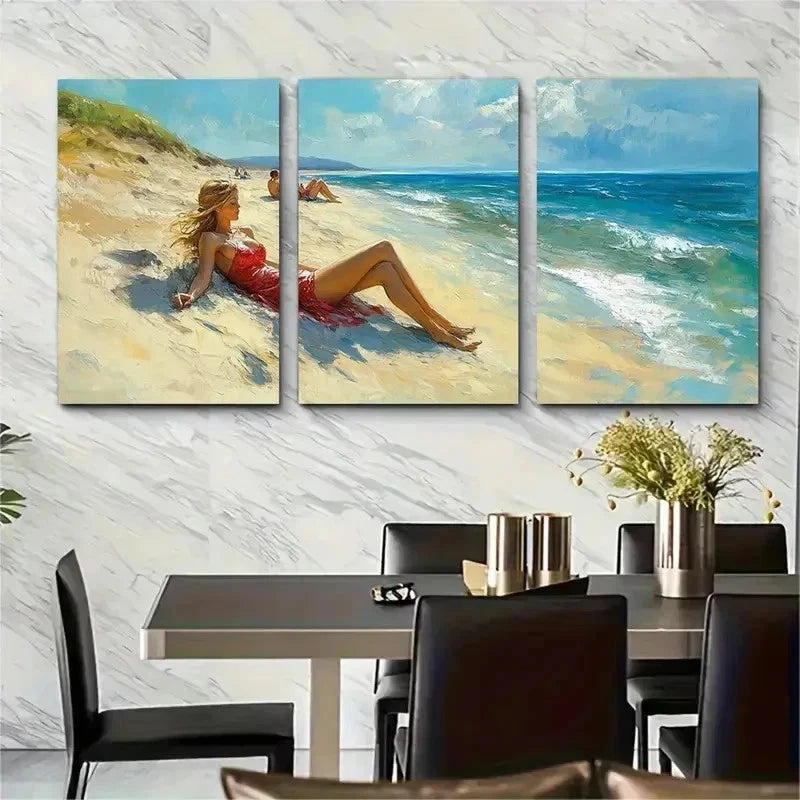 3pcs Lady Relaxing On Beach Nature Perfect Wall Art Set Canvas Framed 50x70cm - High Quality Print 100% Australian Made Wall Canvas Ready to Hang