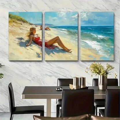 3pcs Lady Relaxing On Beach Nature Perfect Wall Art Set Canvas Framed 50x70cm - High Quality Print 100% Australian Made Wall Canvas Ready to Hang