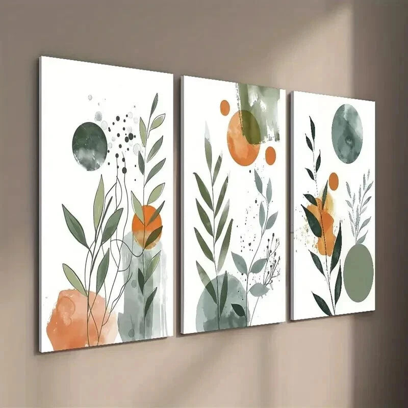3pcs Nordic Green & Orange Botanical Leaf Wall Art Set Canvas Framed 50x70cm - High Quality Print 100% Australian Made Wall Canvas Ready to Hang