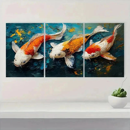 3pcs Golden & White Fish in Blue Background S Wall Art Set Canvas Framed 60x90cm - High Quality Print 100% Australian Made Wall Canvas Ready to Hang - Bella Home Decor