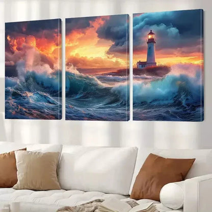 3pcs Aesthetic Landscape Lighthouse & Ocean   Art Set Canvas Unframed - High Quality Print 100% Australian Made Wall Canvas - Bella Home Decor
