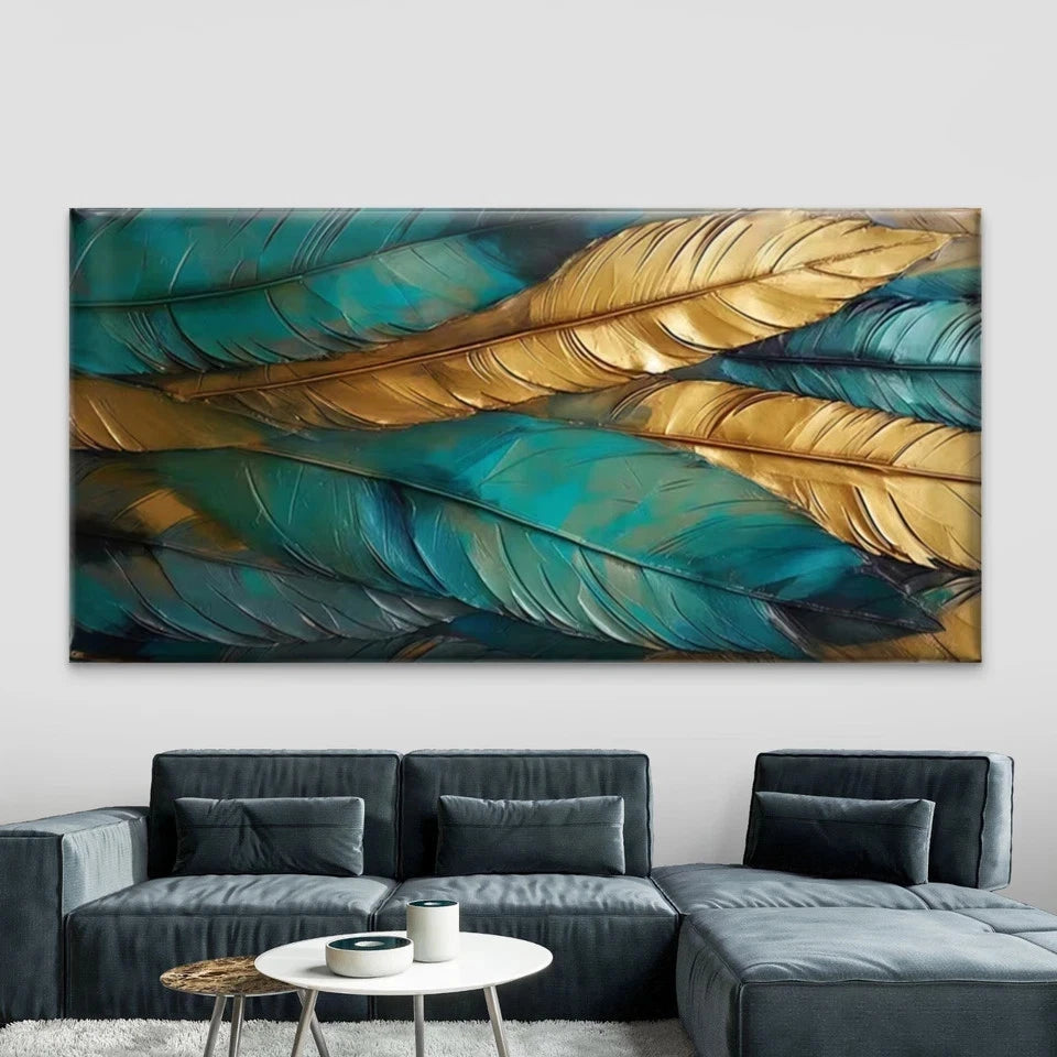 Golden Teal Turquoise Feather Wall Art Canvas Office Home Room Framed 120x60cm