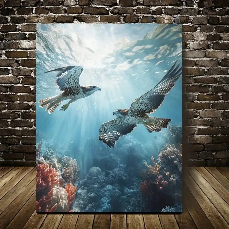 Underwater Hawks Chasing in Coral Reef Painting 40x60cm Metal Print Ready to Hang - Bella Home Decor