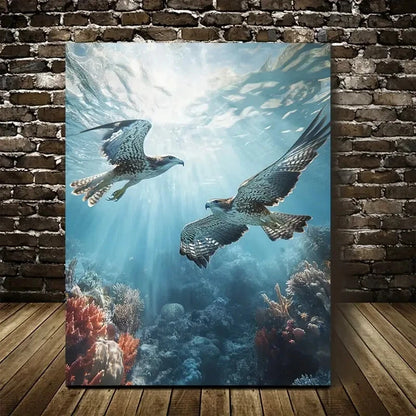 Underwater Hawks Chasing in Coral Reef Painting 40x60cm Metal Print Ready to Hang - Bella Home Decor