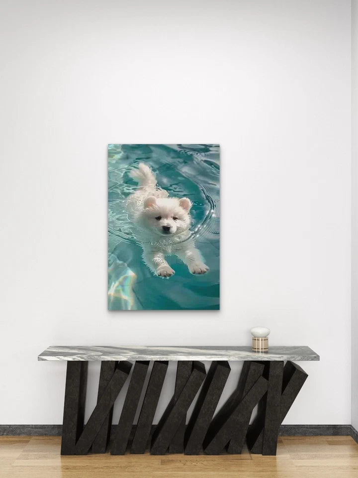 White Puppy Swimming in Water Metal Print Ready to Hang