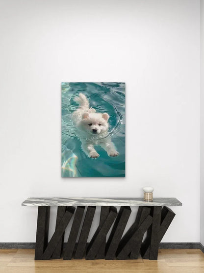 White Puppy Swimming in Water Metal Print Ready to Hang