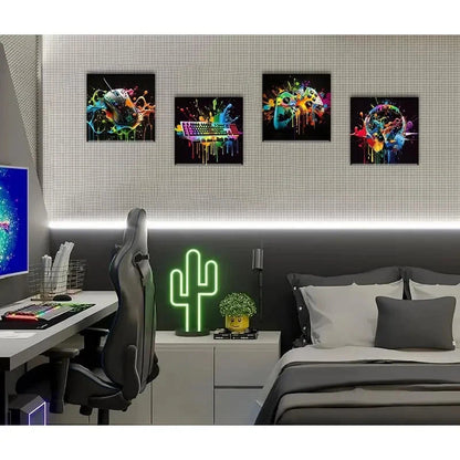 4pcs  Vibrant Gamepad & Keyboard Canvas Wall Art Canvas Framed