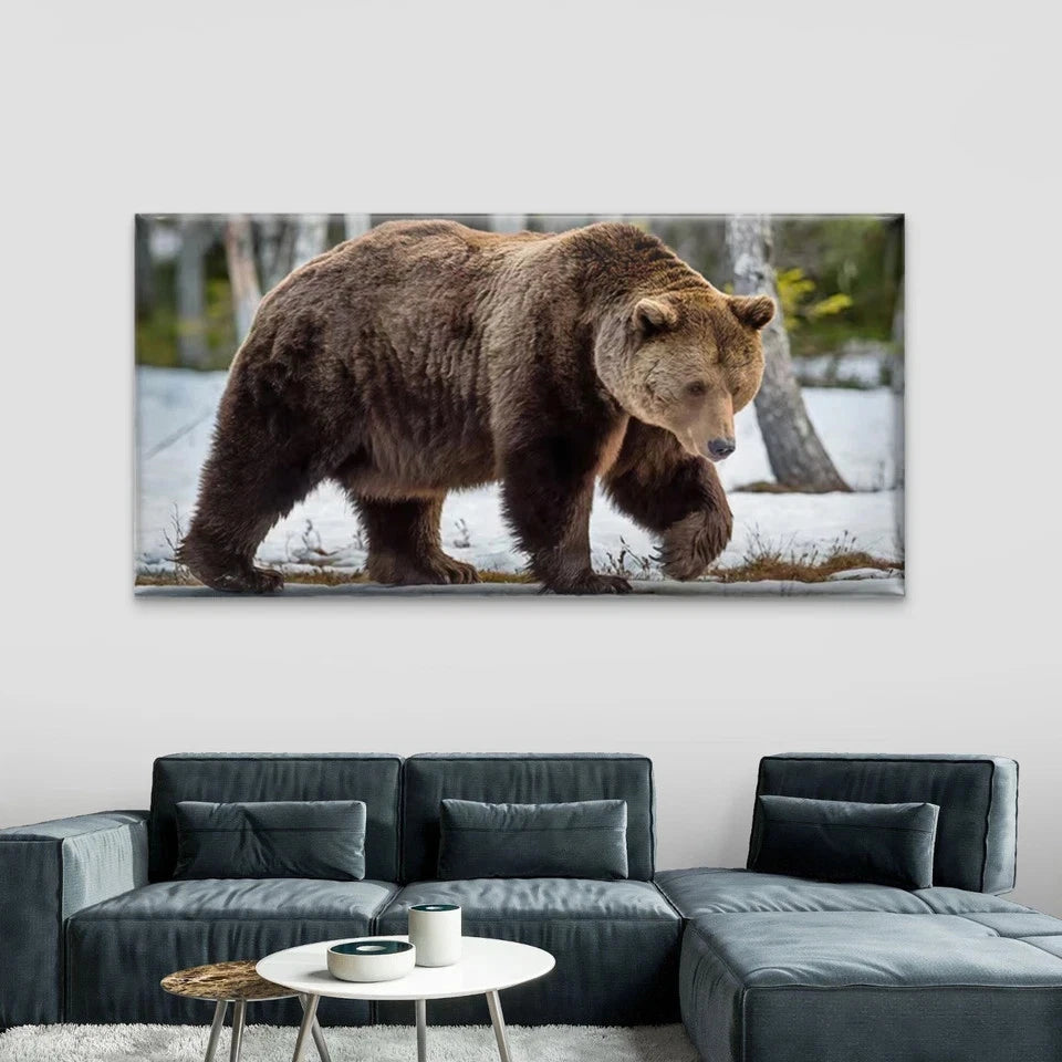Brown Bear Walking in Snow Wall Art Canvas Office Home Room Framed 120x60cm