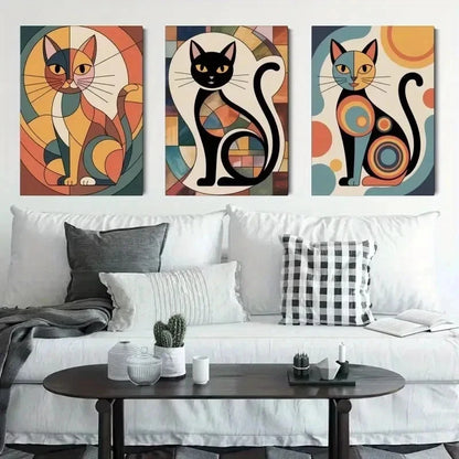 3pcs Abstract Cat Geometric Shapes, Color Block   Wall Art Canvas  Wall Art Set Canvas Framed 40x60cm - High Quality Print 100% Australian Made Wall Canvas Ready to Hang - Bella Home Decor