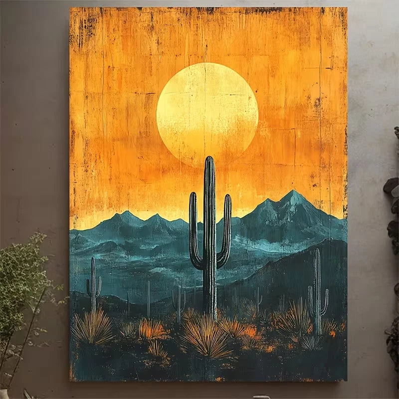 Retro Southwest Cactus Sun Metal Print Ready to Hang