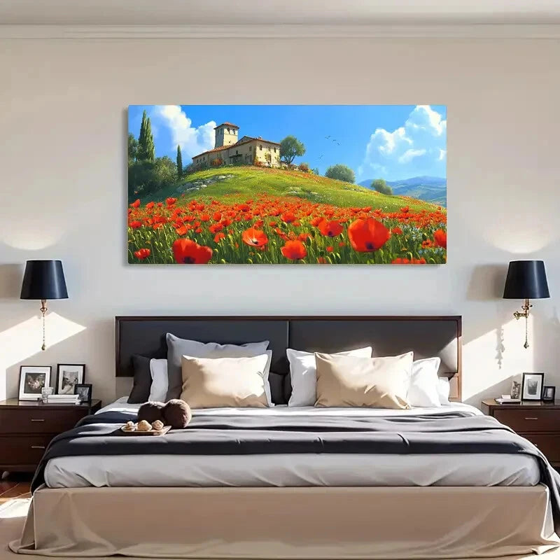 Countryside Landscape Poppy Wall Art Canvas Office Home Room Framed 120x60cm - Bella Home Decor