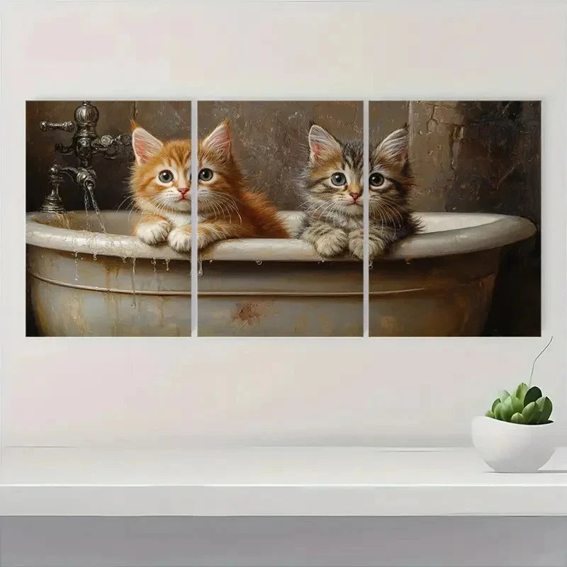 3pcs Adorable Kitten Bathroom Art  Wall Art Set Canvas Framed 50x70cm - High Quality Print 100% Australian Made Wall Canvas Ready to Hang - Bella Home Decor