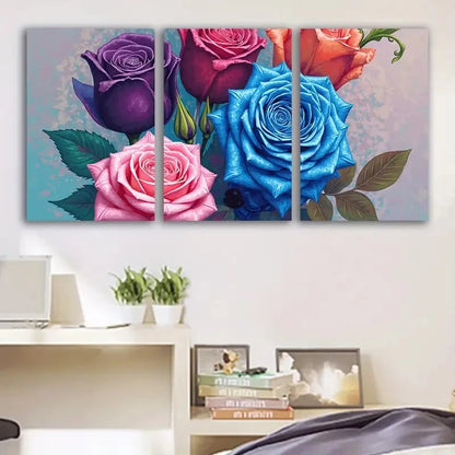 3pcs Roses With Blue Purple & Pink Blooms Wall Art Set Canvas Framed 60x90cm - High Quality Print 100% Australian Made Wall Canvas Ready to Hang