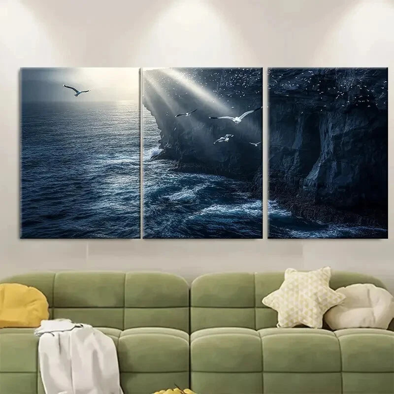3pcs Seagulls and Waves Coastal Cliff Metal Print Ready to Hang Art - Bella Home Decor