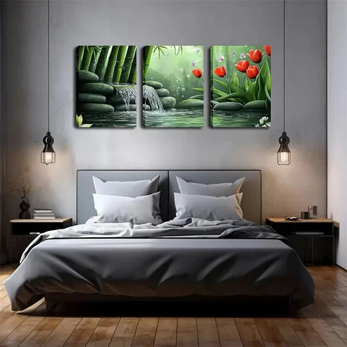 3pcs stone Waterfall Oriental garden style Wall Art Set Canvas Unframed - High Quality Print 100% Australian Made Wall Canvas