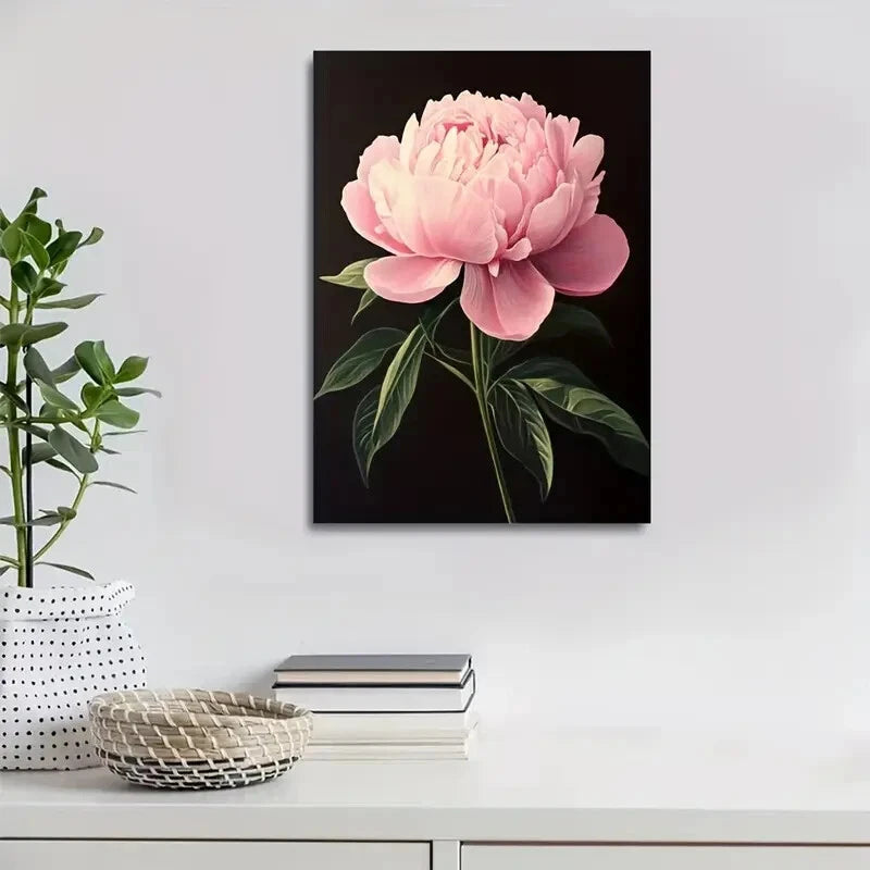 Vibrant Pink Peony Floral Painting on Black 40x60cm Metal Print Ready to Hang - Bella Home Decor