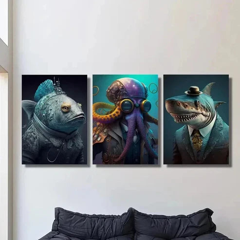 3pcs Oceanic Octopus Dolphin Fish in Suits Wall Art Canvas Unframed - High Quality Print 100% Australian Made Wall Canvas