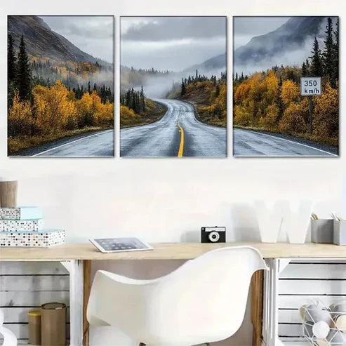 3pcs Autumn Mountain Road Triptych Wall Art Set Wall Art Canvas Unframed - High Quality Print 100% Australian Made Wall Canvas - Bella Home Decor