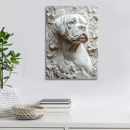 Magnificent White Boxer Dog Surrounded Painting 40x60cm Metal Print Ready to Hang