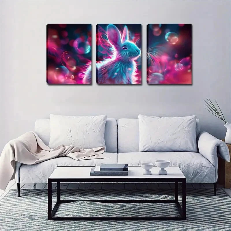 3pcs Pink Rabbit Glowing Neon Accent Perfect Wall Art Set Canvas Framed 40x60cm - High Quality Print 100% Australian Made Wall Canvas Ready to Hang - Bella Home Decor