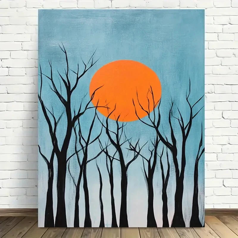 Beautiful Sunset Silhouette Trees Vintage Painting 40x60cm Metal Print Ready to Hang - Bella Home Decor