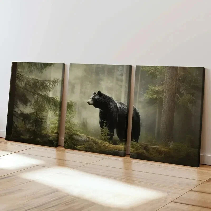 3pcs Majestic Black Bear In Misty Forest Wall Art Set Canvas Framed 40x60cm - High Quality Print 100% Australian Made Wall Canvas Ready to Hang - Bella Home Decor