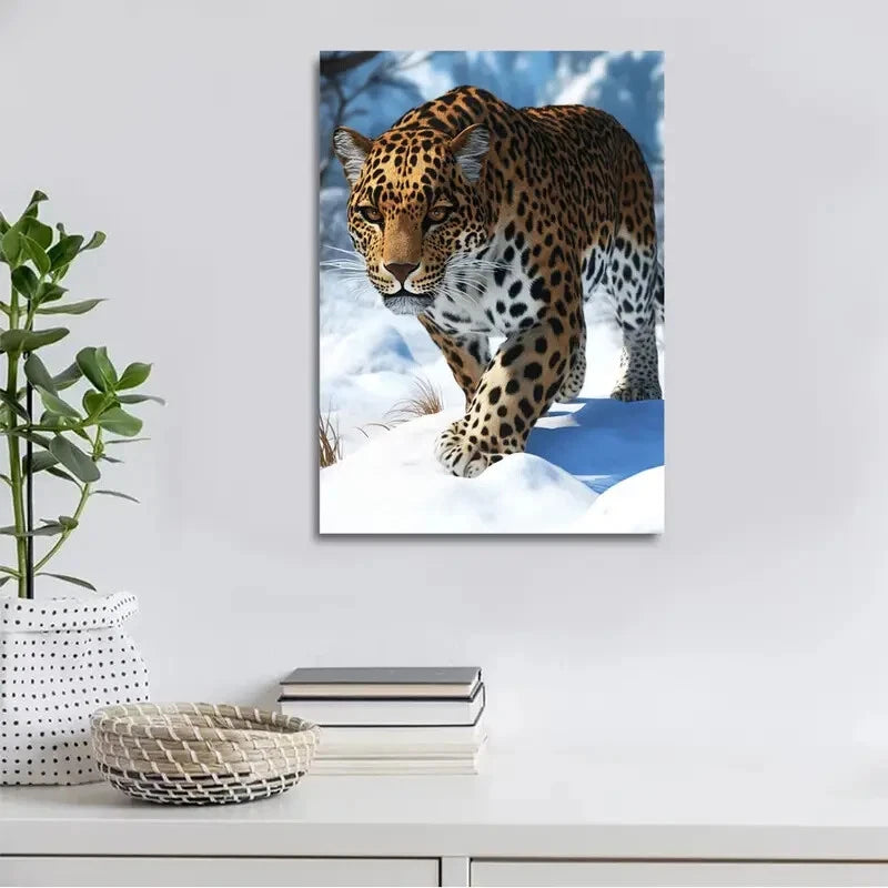 Beautiful African Leopard On The Snow Painting 40x60cm Metal Print Ready to Hang - Bella Home Decor