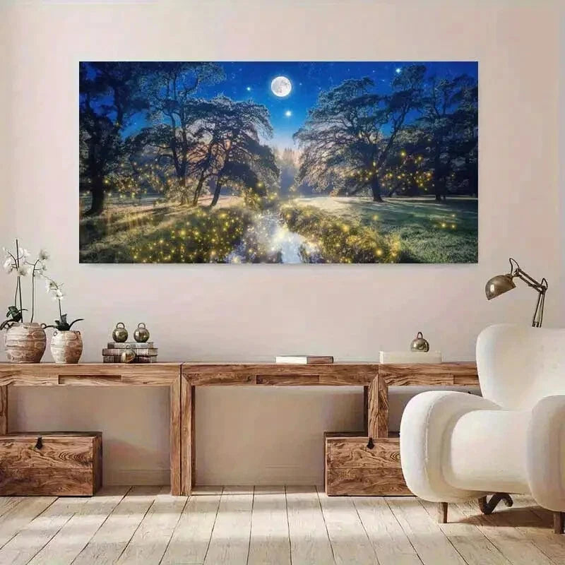 Moonlit Forest Fireflies wall canvas office home room framed 120x60cm - Bella Home Decor