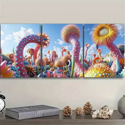3pcs Vibrant Surreal Landscape with Alien Plant  Wall Art Set Canvas Framed 60x90cm - High Quality Print 100% Australian Made Wall Canvas Ready to Hang