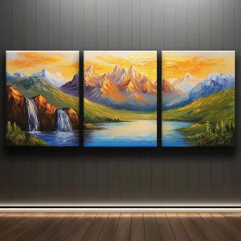 3pcs Golden Peaks Mountain Range Luxurious Wall Art Set Canvas Unframed - High Quality Print 100% Australian Made Wall Canvas - Bella Home Decor